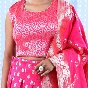 Fuschia banarasi readymade lehenga, floral jaal crop top, paisley motifs & intricate jacquard skirt & banarasi dupatta