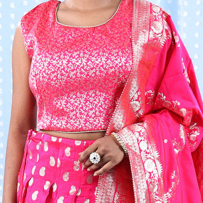Fuschia banarasi readymade lehenga, floral jaal crop top, paisley motifs & intricate jacquard skirt & banarasi dupatta