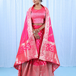 Fuschia banarasi readymade lehenga, floral jaal crop top, paisley motifs & intricate jacquard skirt & banarasi dupatta