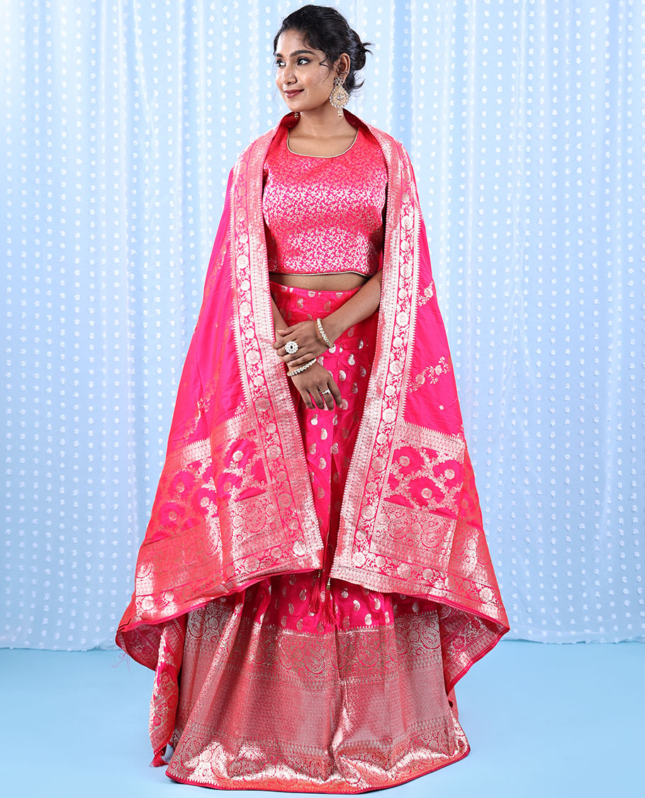 Fuschia banarasi readymade lehenga, floral jaal crop top, paisley motifs & intricate jacquard skirt & banarasi dupatta