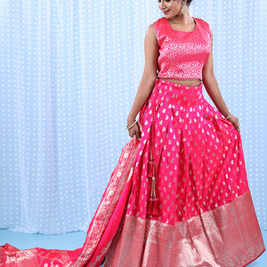 Fuschia banarasi readymade lehenga, floral jaal crop top, paisley motifs & intricate jacquard skirt & banarasi dupatta