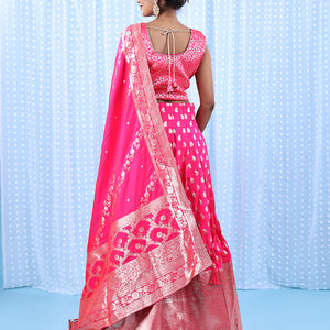 Fuschia banarasi readymade lehenga, floral jaal crop top, paisley motifs & intricate jacquard skirt & banarasi dupatta