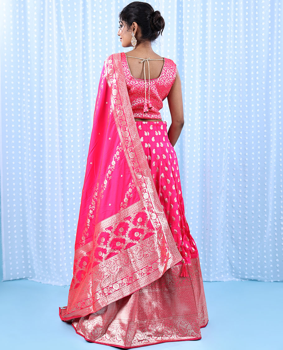 Fuschia banarasi readymade lehenga, floral jaal crop top, paisley motifs & intricate jacquard skirt & banarasi dupatta