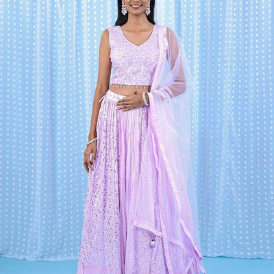 Pale pink georgette readymade lehenga with chamki,mirror,sugar bead & stone embroidery V-neck crop top & intricate skirt