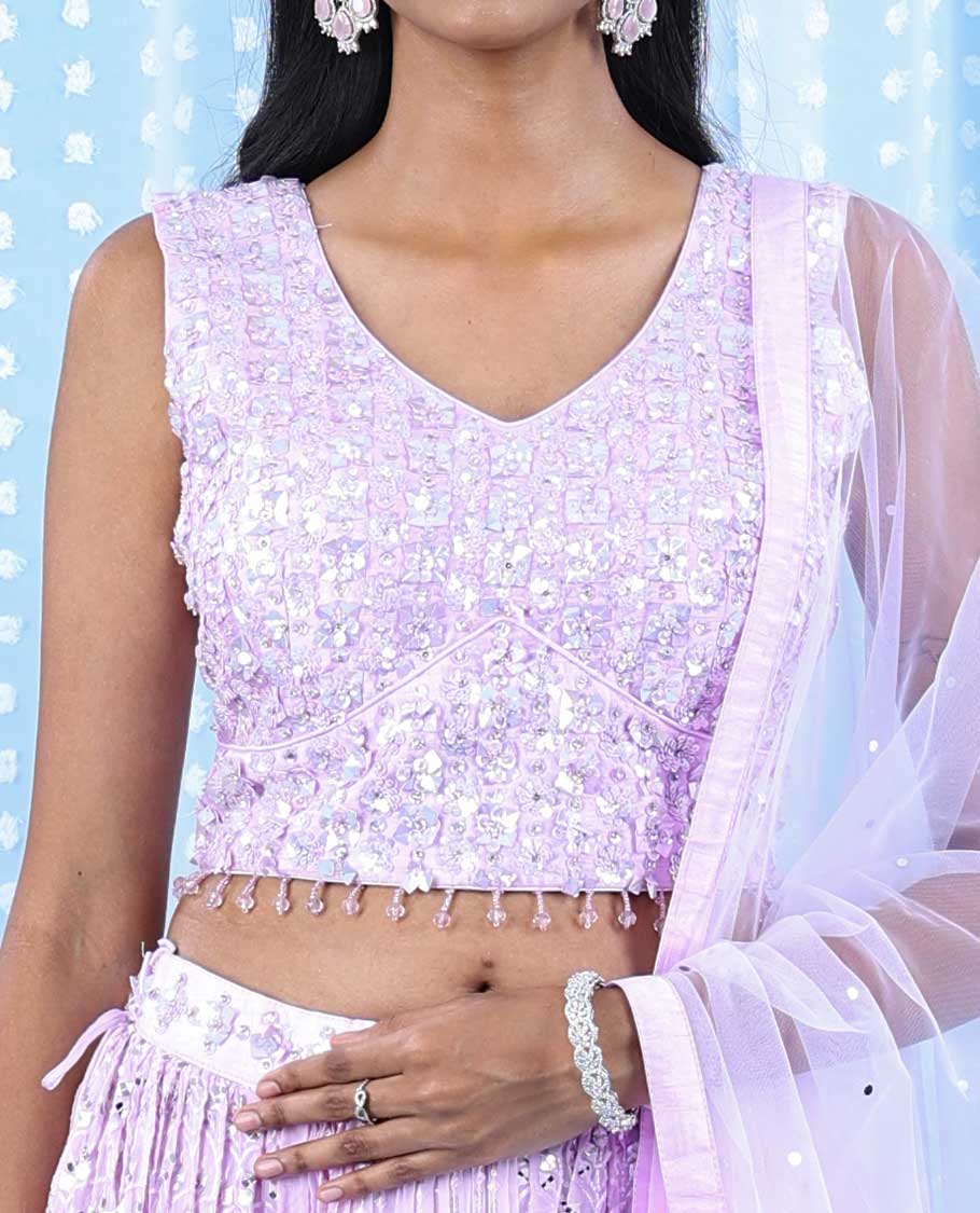 Pale pink georgette readymade lehenga with chamki,mirror,sugar bead & stone embroidery V-neck crop top & intricate skirt