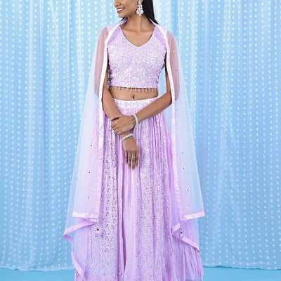 Pale pink georgette readymade lehenga with chamki,mirror,sugar bead & stone embroidery V-neck crop top & intricate skirt