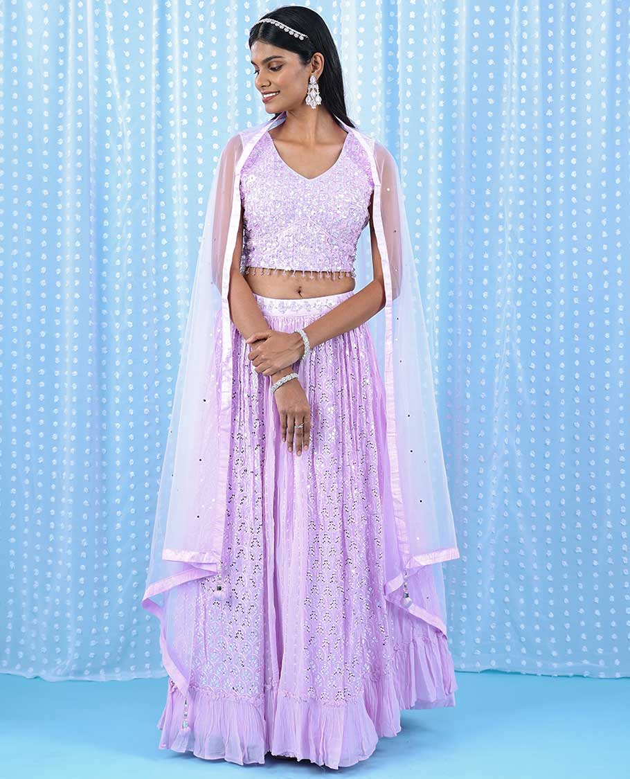 Pale pink georgette readymade lehenga with chamki,mirror,sugar bead & stone embroidery V-neck crop top & intricate skirt