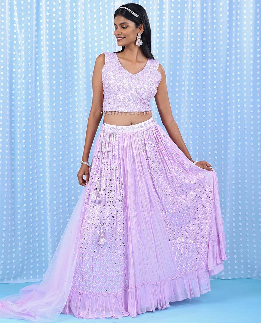 Pale pink georgette readymade lehenga with chamki,mirror,sugar bead & stone embroidery V-neck crop top & intricate skirt