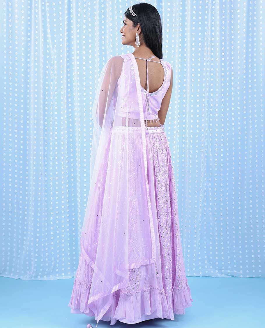 Pale pink georgette readymade lehenga with chamki,mirror,sugar bead & stone embroidery V-neck crop top & intricate skirt