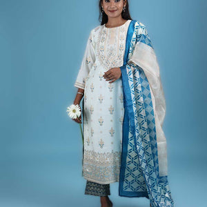 Cream silk cotton readymade suit,printed & glitterwork 3/4th sleeve top,intricately printed dupatta & straight cut pants