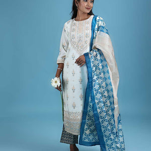 Cream silk cotton readymade suit,printed & glitterwork 3/4th sleeve top,intricately printed dupatta & straight cut pants