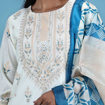 Cream silk cotton readymade suit,printed & glitterwork 3/4th sleeve top,intricately printed dupatta & straight cut pants