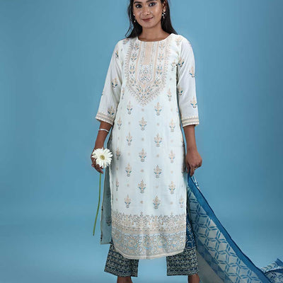 Cream silk cotton readymade suit,printed & glitterwork 3/4th sleeve top,intricately printed dupatta & straight cut pants