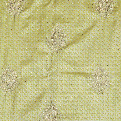 Lemon yellow jacquard & stonework vastrakala silksaree, contrast zari & stonework border & intricate stonework pallu