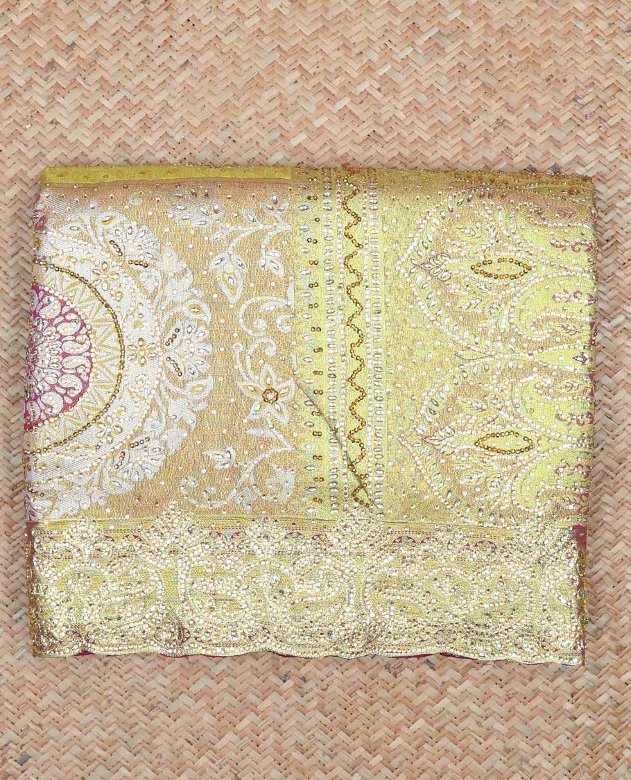 Lemon yellow jacquard & stonework vastrakala silksaree, contrast zari & stonework border & intricate stonework pallu
