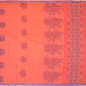 Lite orange kota saree with flower buttas, contrast thin border & intricate floral vine pallu