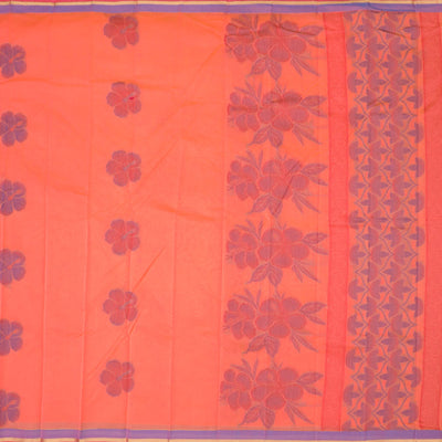 Lite orange kota saree with flower buttas, contrast thin border & intricate floral vine pallu