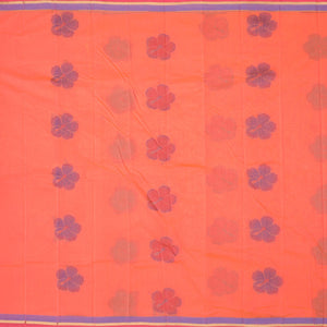 Lite orange kota saree with flower buttas, contrast thin border & intricate floral vine pallu