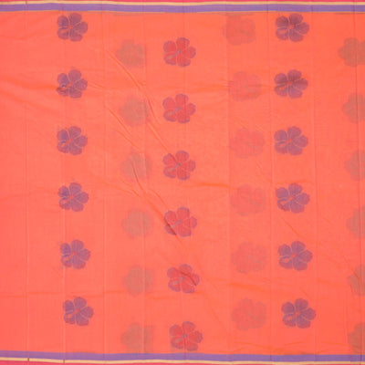 Lite orange kota saree with flower buttas, contrast thin border & intricate floral vine pallu