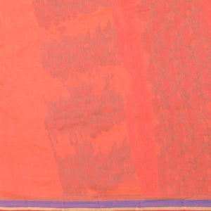 Lite orange kota saree with flower buttas, contrast thin border & intricate floral vine pallu