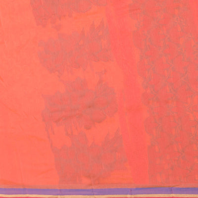 Lite orange kota saree with flower buttas, contrast thin border & intricate floral vine pallu
