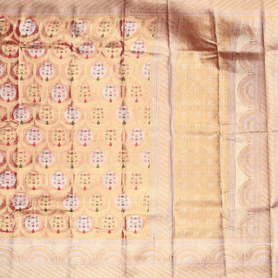 Gold Semi banaras tissue saree with meenakari designs, contrast border of zari designs & pallu of intricate patterns