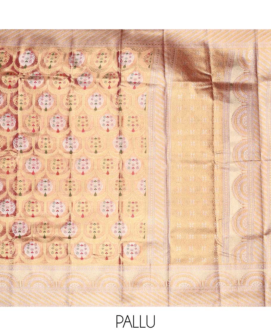 Gold Semi banaras tissue saree with meenakari designs, contrast border of zari designs & pallu of intricate patterns