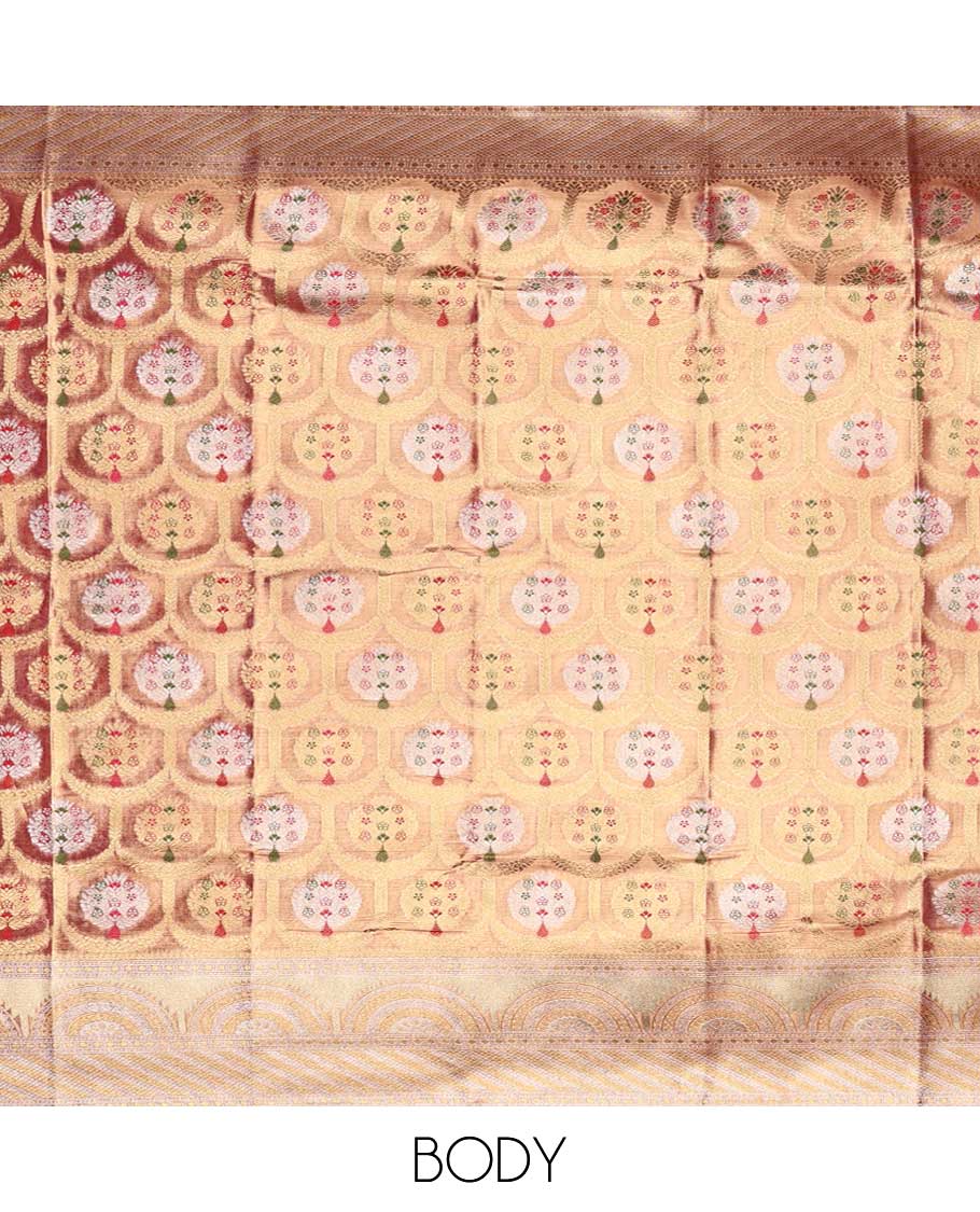 Gold Semi banaras tissue saree with meenakari designs, contrast border of zari designs & pallu of intricate patterns