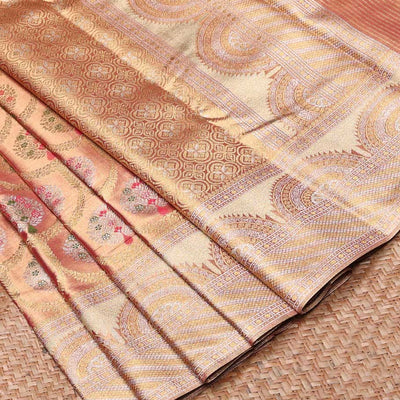 Gold Semi banaras tissue saree with meenakari designs, contrast border of zari designs & pallu of intricate patterns