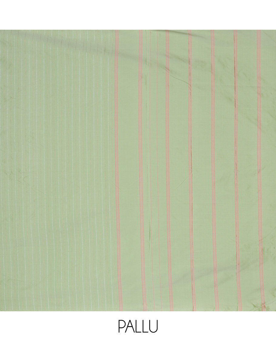 Borderless pistachio green aarani gift saree with zig-zag stripes on its body, self-pallu of stripes