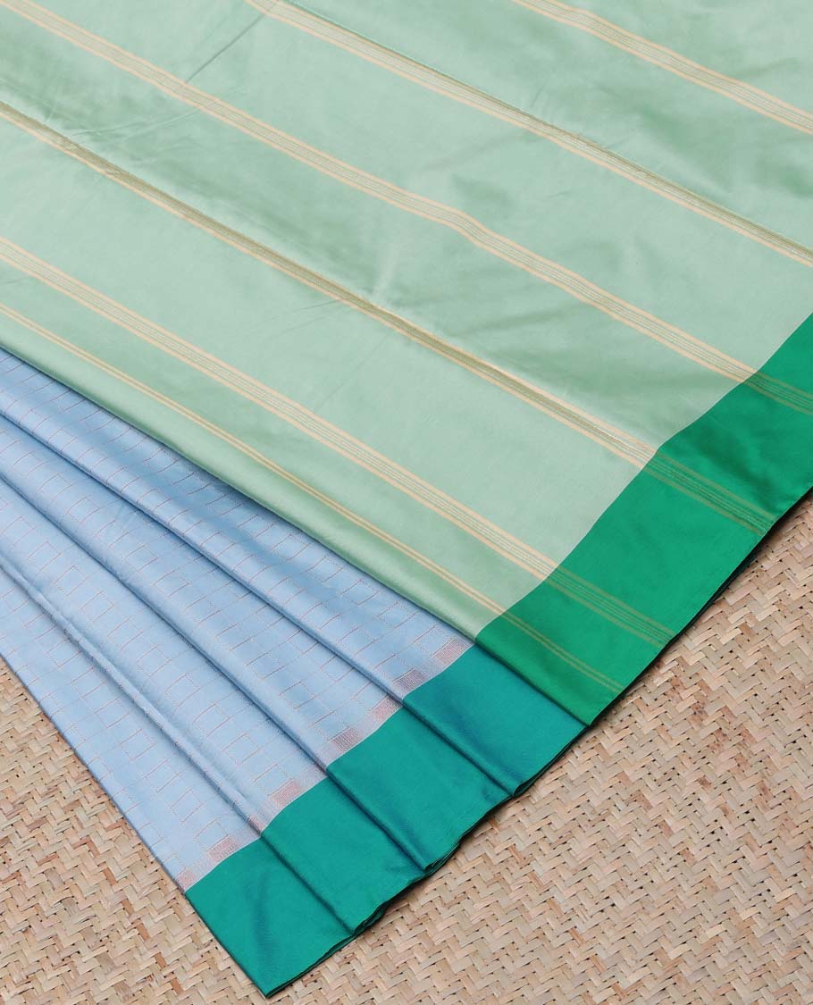Blue striped design aarani gift saree, contrast plain border & pallu of stripes