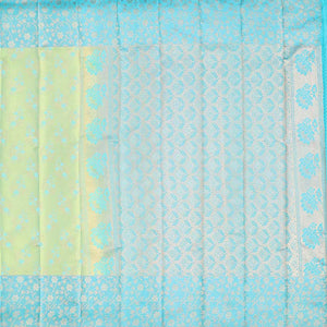 Green floral jacquard kancheepuram wedding silk saree, contrast zari floral vine border & pallu of intricate designs
