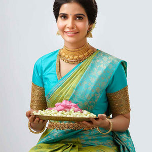 Green floral jacquard kancheepuram wedding silk saree, contrast zari floral vine border & pallu of intricate designs