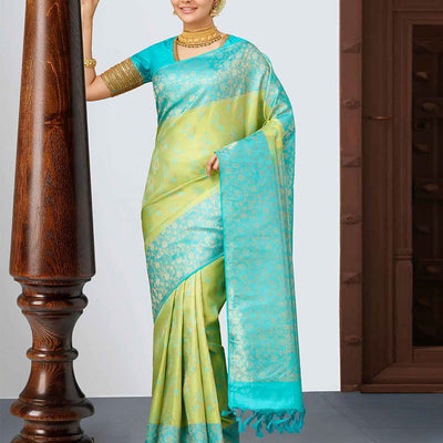 Green floral jacquard kancheepuram wedding silk saree, contrast zari floral vine border & pallu of intricate designs