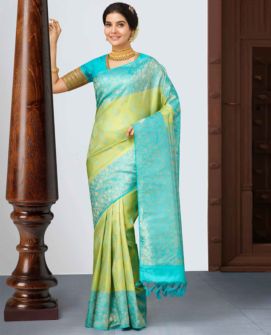Green floral jacquard kancheepuram wedding silk saree, contrast zari floral vine border & pallu of intricate designs