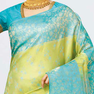 Green floral jacquard kancheepuram wedding silk saree, contrast zari floral vine border & pallu of intricate designs
