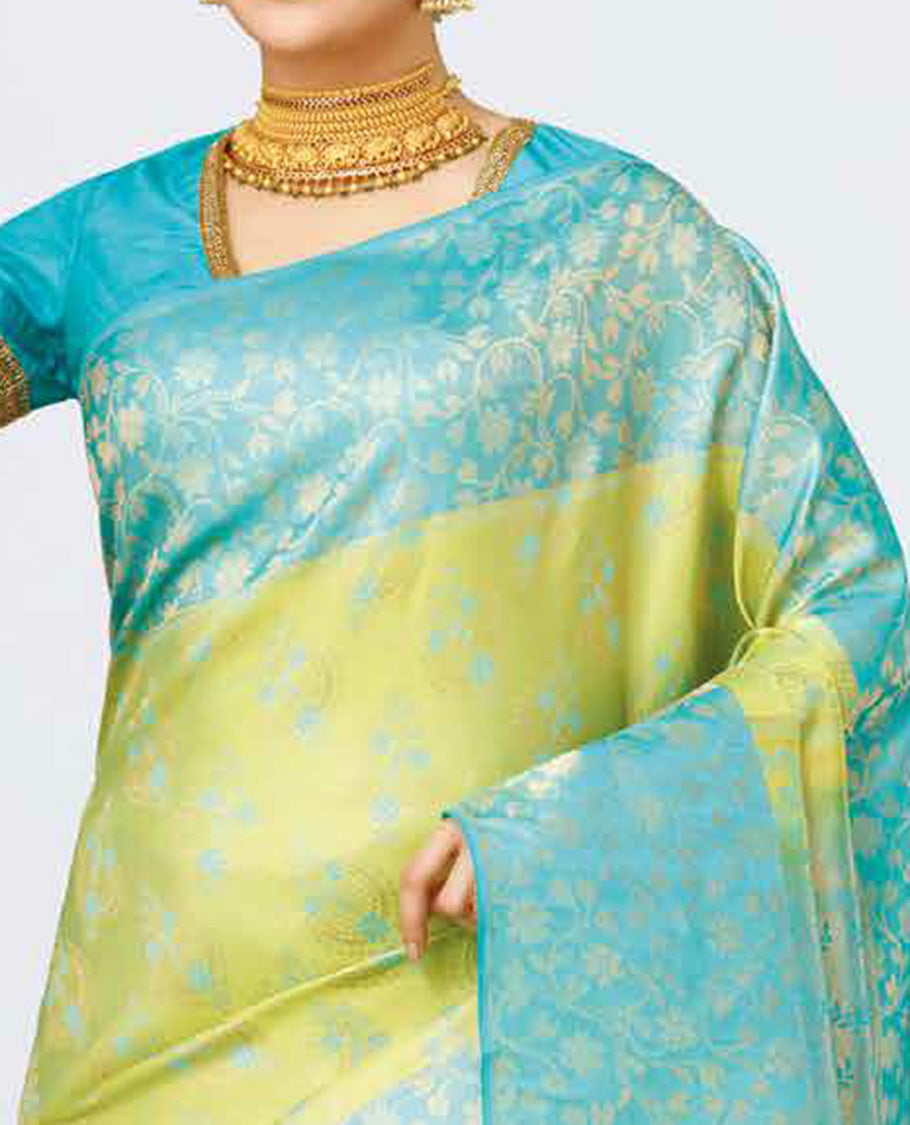 Green floral jacquard kancheepuram wedding silk saree, contrast zari floral vine border & pallu of intricate designs