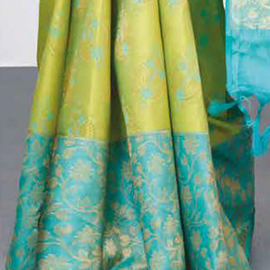 Green floral jacquard kancheepuram wedding silk saree, contrast zari floral vine border & pallu of intricate designs