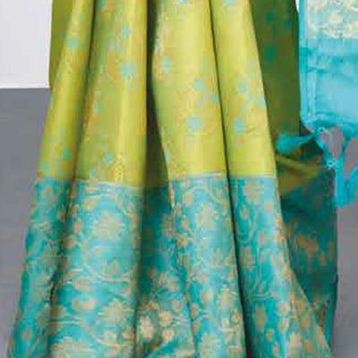 Green floral jacquard kancheepuram wedding silk saree, contrast zari floral vine border & pallu of intricate designs