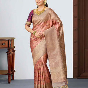 Lite onion pink jacquard kancheepuram wedding silk saree, contrast intricate zari border & pallu of ogee pattern