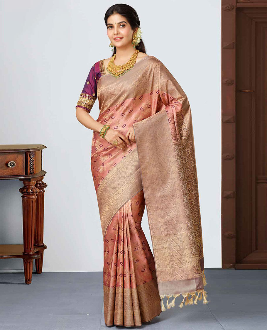 Lite onion pink jacquard kancheepuram wedding silk saree, contrast intricate zari border & pallu of ogee pattern