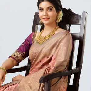 Lite onion pink jacquard kancheepuram wedding silk saree, contrast intricate zari border & pallu of ogee pattern
