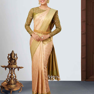 Sandal jacquard kancheepuram wedding silk saree, contrast floral vine zari border & pallu of intricate designs