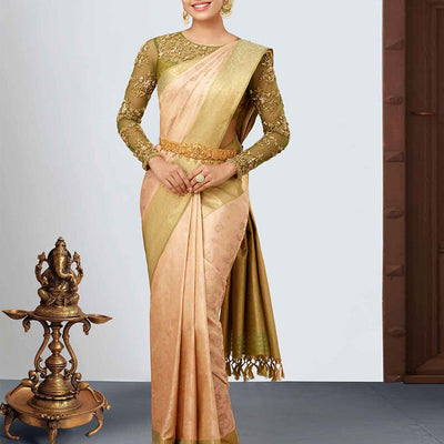 Sandal jacquard kancheepuram wedding silk saree, contrast floral vine zari border & pallu of intricate designs