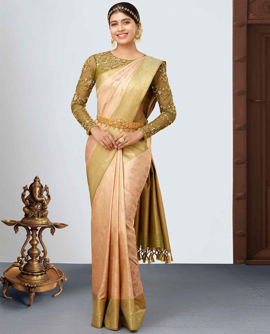Sandal jacquard kancheepuram wedding silk saree, contrast floral vine zari border & pallu of intricate designs