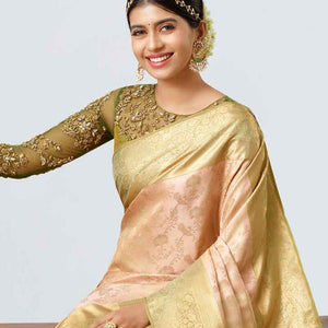 Sandal jacquard kancheepuram wedding silk saree, contrast floral vine zari border & pallu of intricate designs