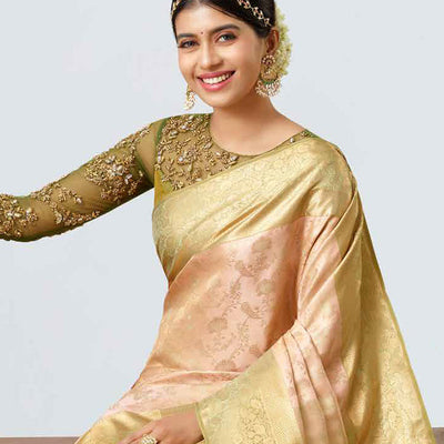 Sandal jacquard kancheepuram wedding silk saree, contrast floral vine zari border & pallu of intricate designs