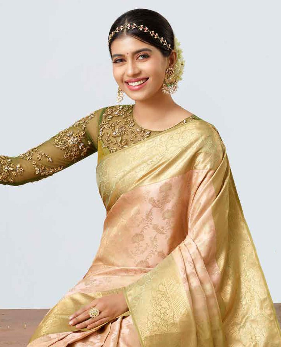 Sandal jacquard kancheepuram wedding silk saree, contrast floral vine zari border & pallu of intricate designs