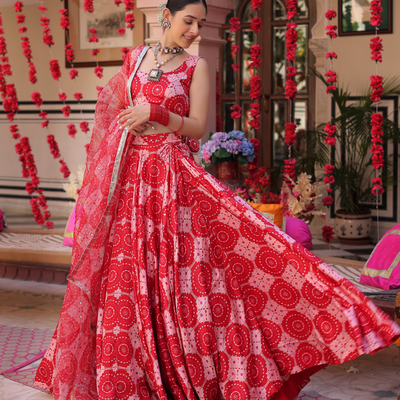 Ruby And Cream Rhapsody Printed Satin Lehenga Set