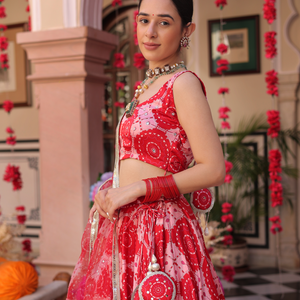 Ruby And Cream Rhapsody Printed Satin Lehenga Set